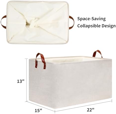 DULLEMELO Large Beige Storage Basket 70L Oversized Canvas Fabric Storage Bin, Collapsible Rectangular Toys Basket Organizer with Handles, 22X15 Storage Container for Clothes, Blankets, Pillows