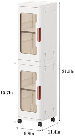 2-Tier Slim Tall Bathroom Storage Cabinet，Narrow Bathroom Storage Cabinet with Transparent Doors and Shelves, Suitable for Small Spaces, Bathrooms, Kitchens, White (9.8x11.4x31.5)