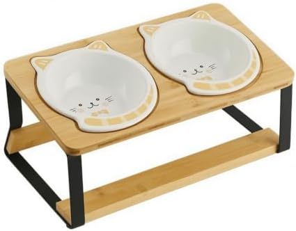Cat Bowl Stand Elevated Feeder Raised Holder Double Dish Organizer Bamboo Wood and Iron Tilted Feeding Rack with Compact Footprint Suitable for Cats