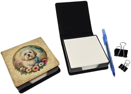 Caroline's Treasures Coton De Tulear and Flowers PU Leather Note Paper Holder with Artist-Designed Cover, Desk Accessory, Office Gift