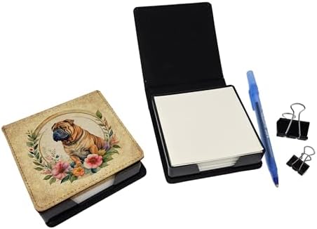 Caroline's Treasures Shar Pei and Flowers PU Leather Note Paper Holder with Artist-Designed Cover, Desk Accessory, Office Gift