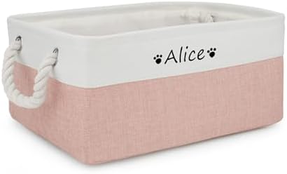 Dog Toy Basket,Dog Toy Bin Box with Comfortable Handles,Personalized Collapsible Large Pet Toy Storage Custom Name for Accessories,Toys,Clothing, Blanket & Leash（white pink,S）