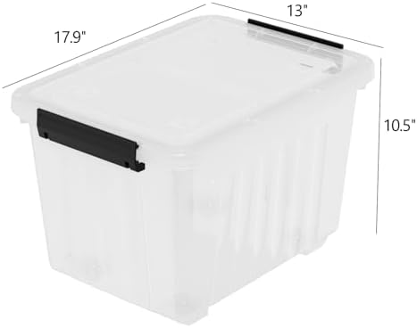 30 L Stackable Storage Bins with Lids, Clear Plastic Storage Containers, Stackable Organization Boxes with Secure Latching Lids/Wheels, Set of 4