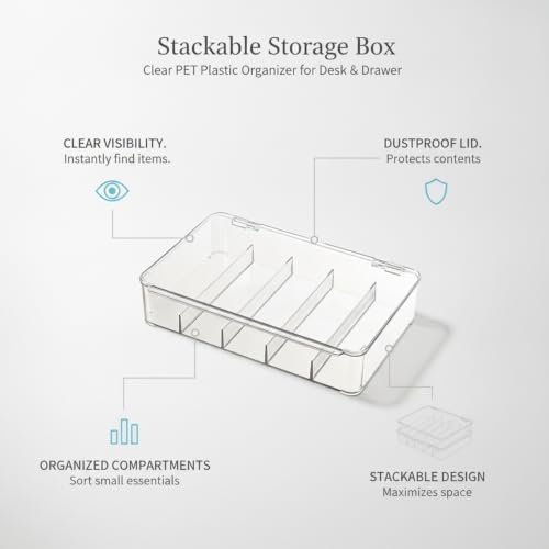 Clear Stackable Storage Box with Dividers, Flip-Top Organizer for Desk, Drawer, and Shelf - Transparent PET Plastic Bin (1 Pack)