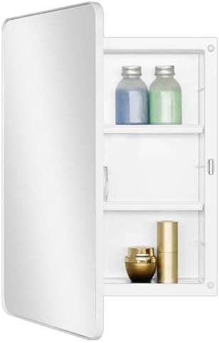 White 16x22 Medicine Cabinet, Bathroom Mirror with Adjustable Storage Shelf | White Bathroom Wall Cabinet with 2 Adjustable Plastic Shelves, Reversible Door; Pre-Assembled for Recessed/Surface Mounting