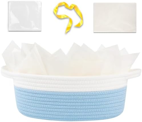 OIAHOMY Gift Basket Empty with Handle, 12"x 8"x 5" Small Woven Basket with Gift Bag, Ribbon and Wrap Tissue Paper, Dog Toy Storage for Organizing - Sky Blue & White