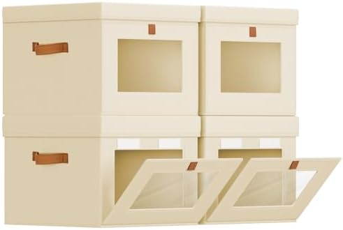 Homsorout Storage Bins with Lid – Closet Organizer with Side Opening and Clear Window, Foldable Stackable Fabric Basket for Clothes, Home, Office - 13.77" x 11.8" x 9.8", 4 Pack, Beige