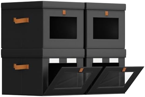 Homsorout Storage Bins with Lid – Closet Organizer with Side Opening and Clear Window, Foldable Stackable Fabric Basket for Clothes, Home, Office - 13.77" x 11.8" x 9.8", 4 Pack, Black