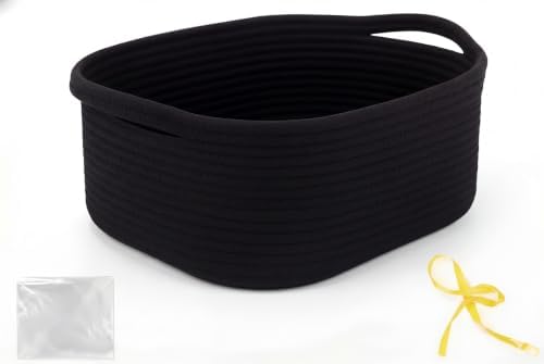 Gift Basket Empty with Handles, 12x8x5 inch - Small Woven Rope Basket for Man, Techer, Boys, Kids Toys, Bathroom - With Gift Bag & Ribbon, Perfect for Wedding, Birthday Gifting (Black, 1PC)