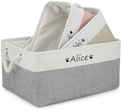 Dog Toy Basket,Dog Toy Bin Box with Comfortable Handles,Personalized Collapsible Large Pet Toy Storage Custom Name for Accessories,Toys,Clothing, Blanket & Leash（white pink,M）