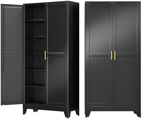 75" Metal Garage Storage Cabinet with 2 Doors and 5 Adjustable Shelves,Metal Storage Cabinets,Steel Tool Cabinets for Home,Office,Garage,Warehouse (Black, 75''H x 36''W x 18''D)