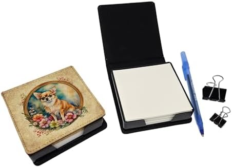Caroline's Treasures Chihuahua and Flowers PU Leather Note Paper Holder with Artist-Designed Cover, Desk Accessory, Office Gift