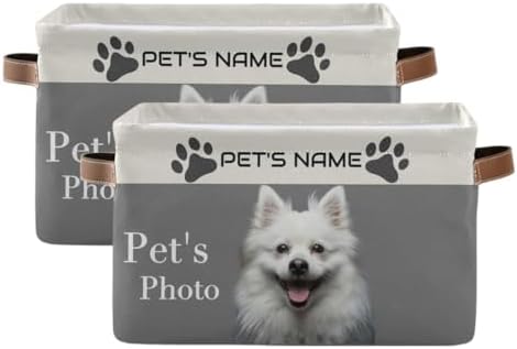 Customized Pet's Name and Photo Storage Basket Dog Storage Box with Leather Handles for Home Bedroom, Foldable Decorative Organizers Box, 2PCs