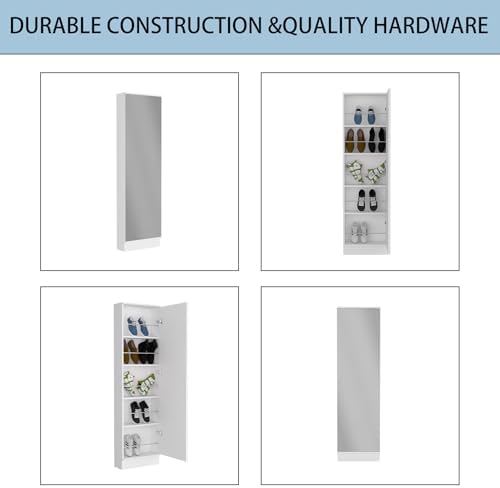 Shoe Cabinet with Mirror Modern Black Mirrored Shoe Storage Cabinet 67" Tall 5-Tier Shelves Narrow Shoe Storage Cabinet for Entryway Space Saving Furniture (Floor-Standing, White)