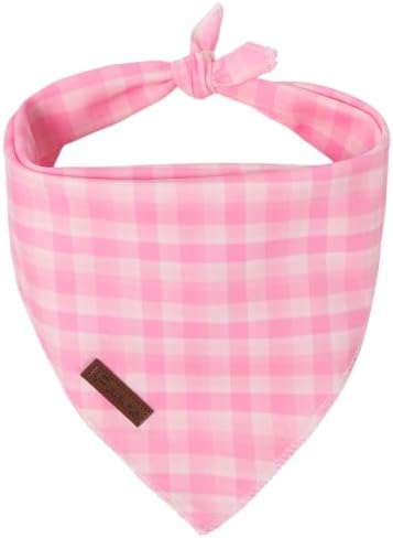 Pink Checkered Dog Bandana, Spring Summer Pink Plaid Puppy Bandana for Girl Female Dogs, Soft Cotton Pet Triangle Bid Scarf Kerchief for Girl Boy Dogs or Cats