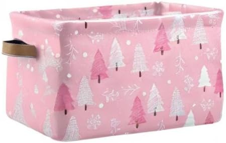 Christmas Tree Pink Storage Basket Fabric Kitchen Baskets Winter Snowflake Xmas Decorations Open Home Storage Bins Boxes Foldable Organizer Bag for Toy Book Shelf Closet Baskets 16×12×8 Inches 2 Pack