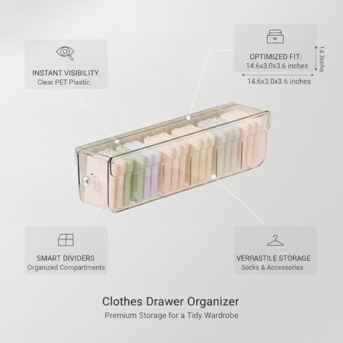 Clear PET Plastic Drawer Organizer with Dividers for Socks & Accessories, 14.6 x 3.0 x 3.6 Inches