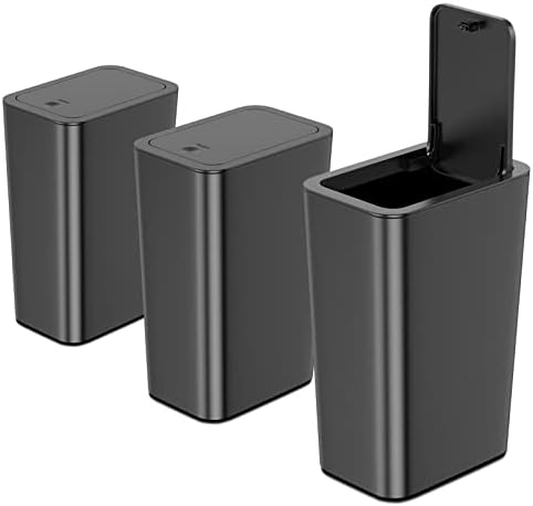 N. NETDOT 3 Pack 10 L/2.6 Gal Bathroom Trash Can with Lid, Small Kitchen Trash Bin with Press Type Lid, Black Trash Can/Slim Garbage Cans/Trash Bin/Waste Basket for Bathroom,Kitchen,Office,Bedroom