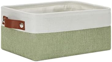 DULLEMELO Small Storage Basket, Fabric Collapsible Gift Storage Basket for Shelves, Closets, Nursery, Home, Office Organizing, Small Canvas Linen Rectangular Storage Bin with Handles (White&Green)