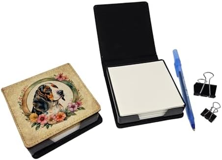 Caroline's Treasures Basset Hound and Flowers PU Leather Note Paper Holder with Artist-Designed Cover, Desk Accessory, Office Gift