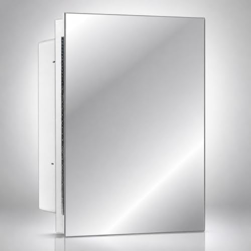 White Recessed Medicine Cabinet with Frameless Pencil Edge Mirrior Door Panel (16" x 22") with Adjustable Shelves, Wall Mounted Bathroom Storage Cabinet