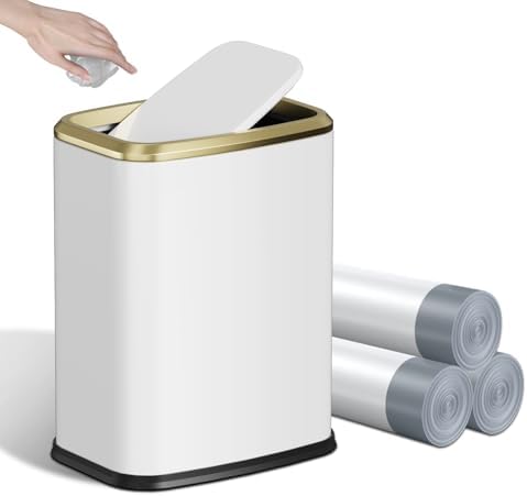 8L/2.1 Gallon Small Bathroom Trash Can with Lid, Swing-Top Rectangular Waste Bin, Stainless Steel Garbage Can for Home, Office, Toilet, Bedroom, Living-Room (White)