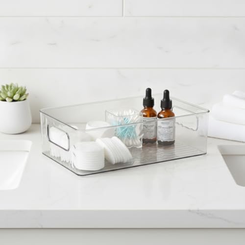 Clear PET Storage Box with Handle & Lid, 10.3 x 6.1 x 3.0 Inch Transparent Organizer for Bathroom Vanity, Desktop, or Shelf (1 Pack)