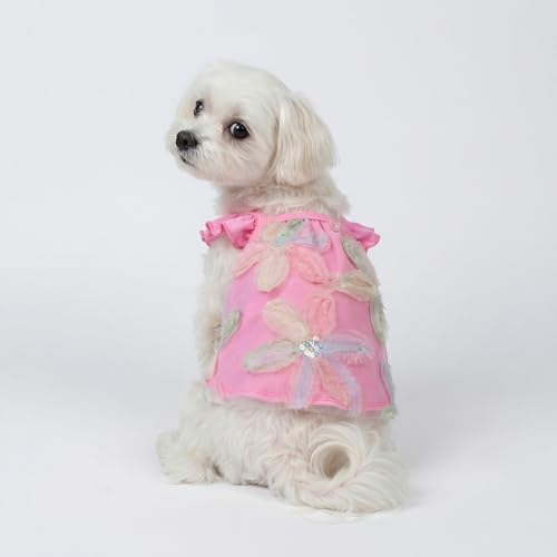 Fitwarm Embroidered Flower Ruffle Dog Shirt, Fancy Summer Clothes for Small Dogs Girl, Sweet Pet Tee, Pink, XS