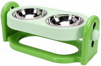 Pssopp Cat Feeding Station Adjustable Elevated Cat Bowl, Anti Vomiting Slanted Tilted Double Bowls Design Food and Water Dispenser Stand for Indoor Pets Supplies (Green)