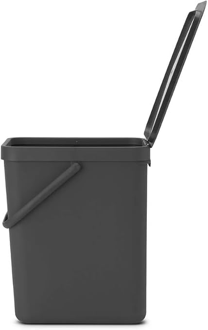 Brabantia Sort & Go Kitchen Recycling Bin | M / 6.6 Gal / 25L | Dark Gray | Removable Stay-Open Lid, Carry Handle | Trash Can for Bottles, Cans, Paper, Glass | Wall-Mounting Bracket Sold Separately