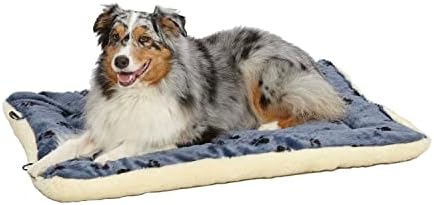 MidWest Homes for Pets QuietTime Reversible Paw Print Pet Bed, Soft Faux Fur & Fleece 42-Inch Crate Mat for Large Dogs, Machine Washable, Blue and Cream