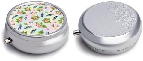 Round Daily Use Pill Box Cherry Branch Pink Blossom Feather Butterflies Floral 3 Compartment, Portable Metal Pill Case for Purse Vitamin Fish Oil