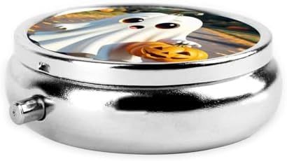 ZhongGuo Halloween Ghost Pumpkin Printed Pill Organizer,Round Travel Pill Organizer Mini Medicine Pill Box for Purse Iron Plating