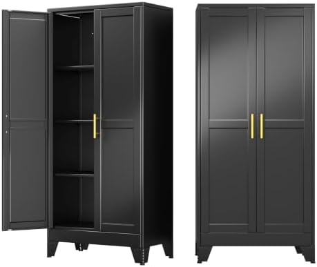 61" Metal Garage Storage Cabinet with 2 Doors and 3 Adjustable Shelves,Metal Storage Cabinets,Steel Tool Cabinets for Home,Office,Garage,Warehouse (Black, 61''H x 27''W x 14''D)