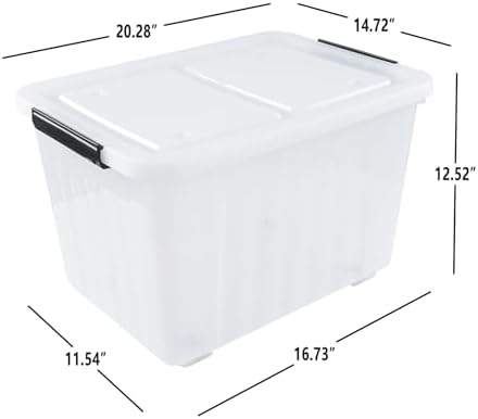 Clear Plastic Storage Bins With Wheels, 50 L, 4-Pack | Stackable Large Rolling Tote Containers, Clear Lids for Closet, Garage, Dorm, Laundry Room Organization
