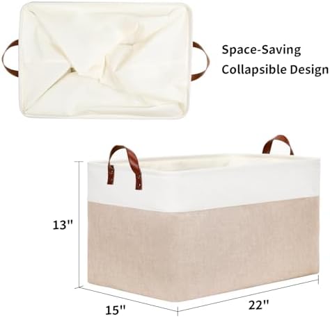 DULLEMELO 70L Extra Large Storage Bin, 22" x 15" x 13" Oversized Storage Basket, Collapsible Storage Box, Fabric Clothes Toys Blanket Basket for Shelves, Laundry, Nursery (White&Khaki)