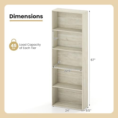 GIANTEX 5-Tier Bookshelf, Freestanding Bookcase, 5 Open Shelf, White Oak | Modern Display Shelf, Storage Organizer for Living Room, Home Office