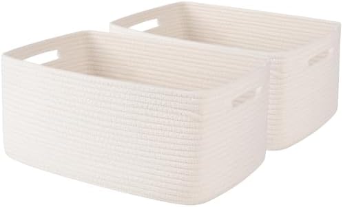 OIASKET Large Storage Basket for Organizing, Woven Rope Basket for Shelves, Closet Organizer Bins for Clothes, Blanket, Toys, Baby Nursery Storage, 17.7" x 13" x 7.87", 2 Packs White