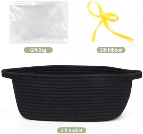 Gift Basket Empty with Handles, 12x8x5 inch - Small Woven Rope Basket for Man, Techer, Boys, Kids Toys, Bathroom - With Gift Bag & Ribbon, Perfect for Wedding, Birthday Gifting (Black, 1PC)