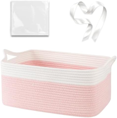 OIASKET Large Empty Cotton Rope Gift Basket with Handles, 16.5"x12.6"x7" Decorative Woven Storage Basket with Gift Bag and Ribbon Set for Baby Shower, Toy Organizer for Kids, Dogs & Cats - Pink&White
