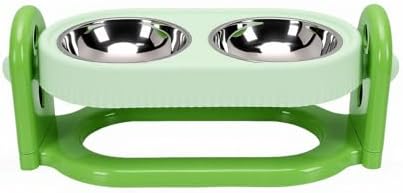 Pssopp Cat Feeding Station Adjustable Elevated Cat Bowl, Anti Vomiting Slanted Tilted Double Bowls Design Food and Water Dispenser Stand for Indoor Pets Supplies (Green)
