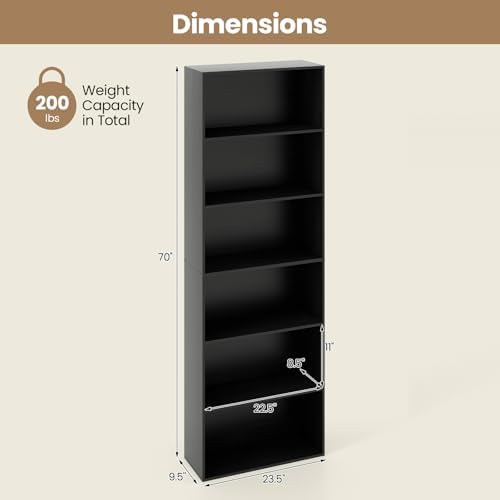 Giantex 6-Tier Bookcases Set of 2, 70" Tall Wooden Bookshelf, Freestanding Storage Organizer w/Open Shelves, Anti-Tipping Kits, Modern Floor Standing Display Shelves for Living Room, Bedroom, Black