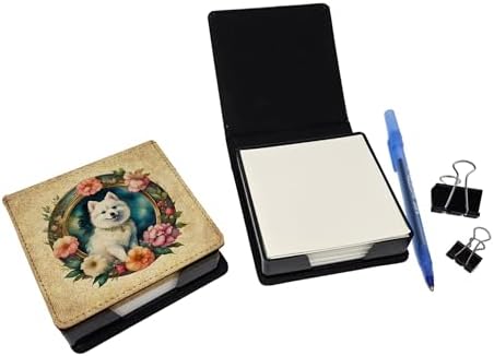 Caroline's Treasures Japanese Spitz and Flowers PU Leather Note Paper Holder with Artist-Designed Cover, Desk Accessory, Office Gift