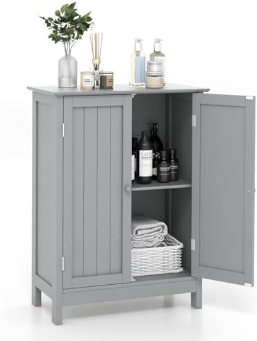 COSTWAY Bathroom Storage Cabinet, Freestanding Bathroom Organizers and Storage with Doors & Adjustable Shelf, Wooden Floor Cabinet for Home, Living Room, Entryway, Kitchen (Grey) | Storage with Doors & Adjustable Shelf, Wooden Floor Cabinet for Home, L...