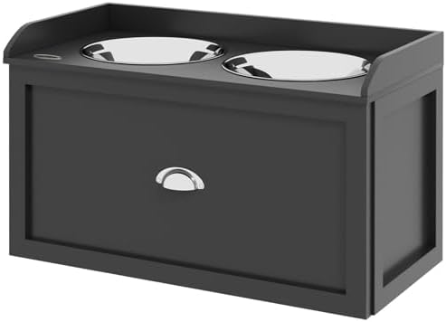 Dog Food Storage Cabinet with Elevated Bowls Black Pet Feeding Station Organizer