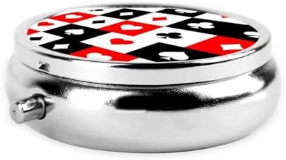 Travel Pill Organizer, Small Round Case with Mirror, Portable Pill Box for Fish Oil Vitamins, Pocket Purse Carry for Commuters, Checkered Suits Hearts Diamonds Clubs Spades Poker Playing Cards