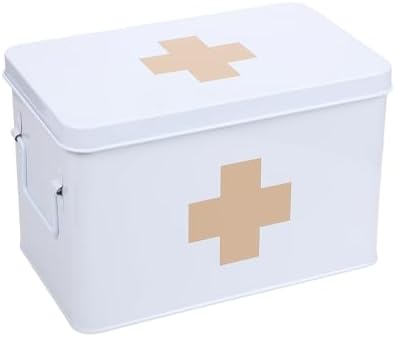 Lassos Boutique 13" Retro Enameled First Aid Box, Medicine Storage with Lid, Tray, Dividers, White/Tan