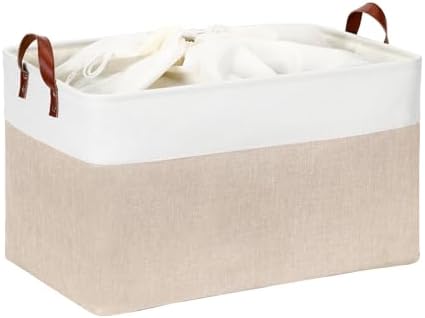 DULLEMELO 70L Extra Large Storage Bin, 22" x 15" x 13" Oversized Storage Basket, Collapsible Storage Box, Fabric Clothes Toys Blanket Basket for Shelves, Laundry, Nursery (White&Khaki)