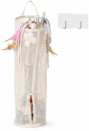 Cat Wand Toy Storage Organizer, Wall Mounted Mesh Holder for Cat Toys, Space-Saving with Adhesive Hooks (Single Compartment)
