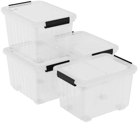 30 L Stackable Storage Bins with Lids, Clear Plastic Storage Containers, Stackable Organization Boxes with Secure Latching Lids/Wheels, Set of 4